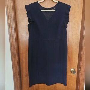 V-Neck Navy Midi Dress with Cap Sleeve Ruffles